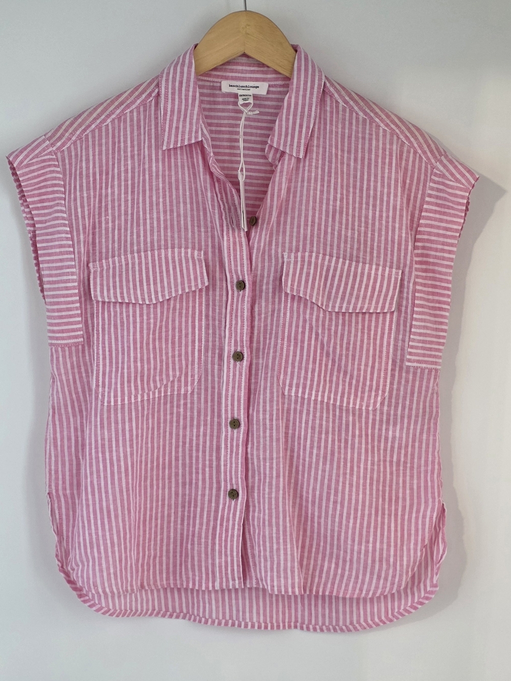 Beach Lunch Lounge Madison Pink w/White Stripes ButtonFront Cap Sleeves  XSmall